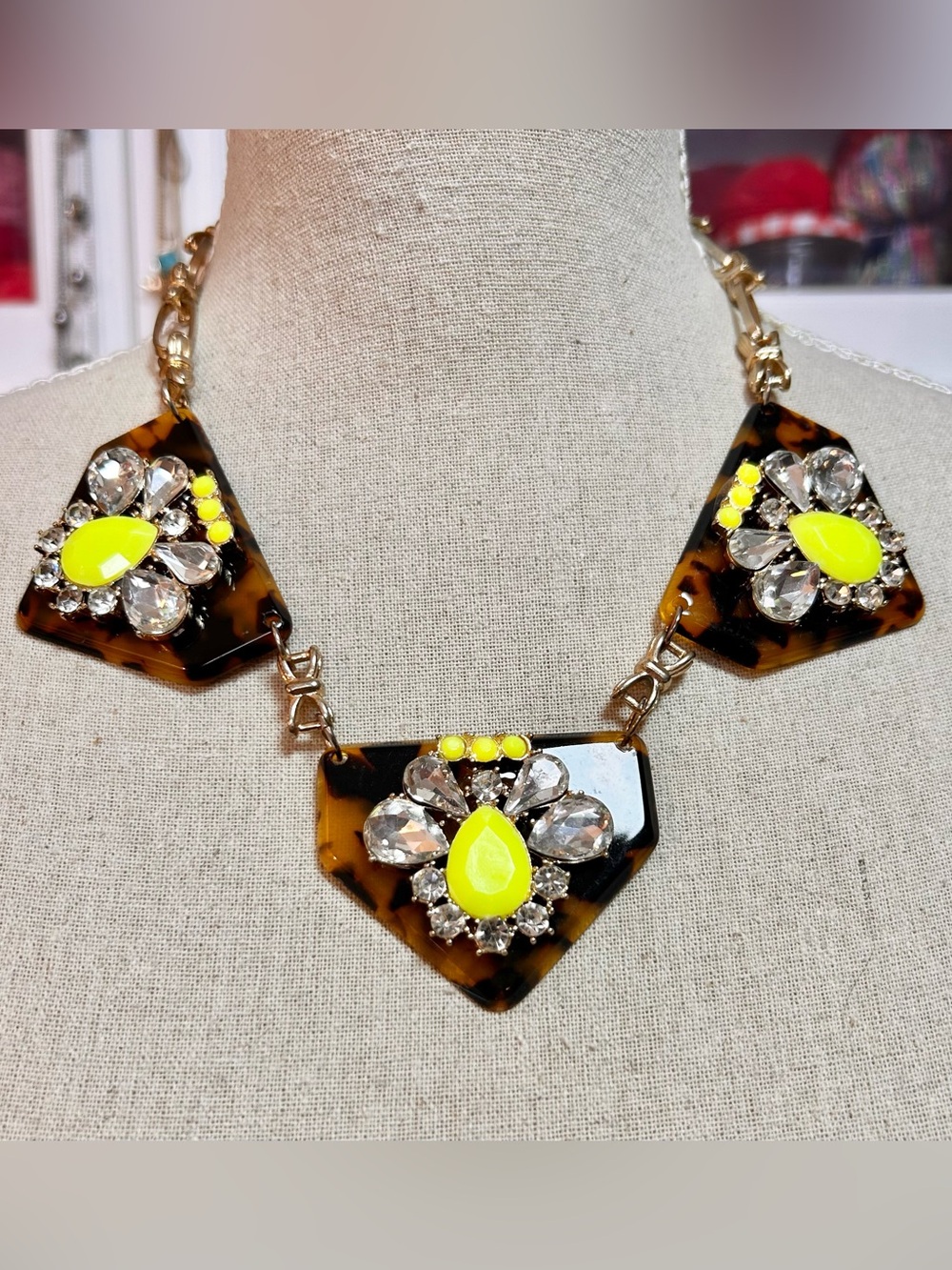 J.Crew Tortoiseshell Neon Yellow Crystal Statement Bib Necklace Y2K Maximalist